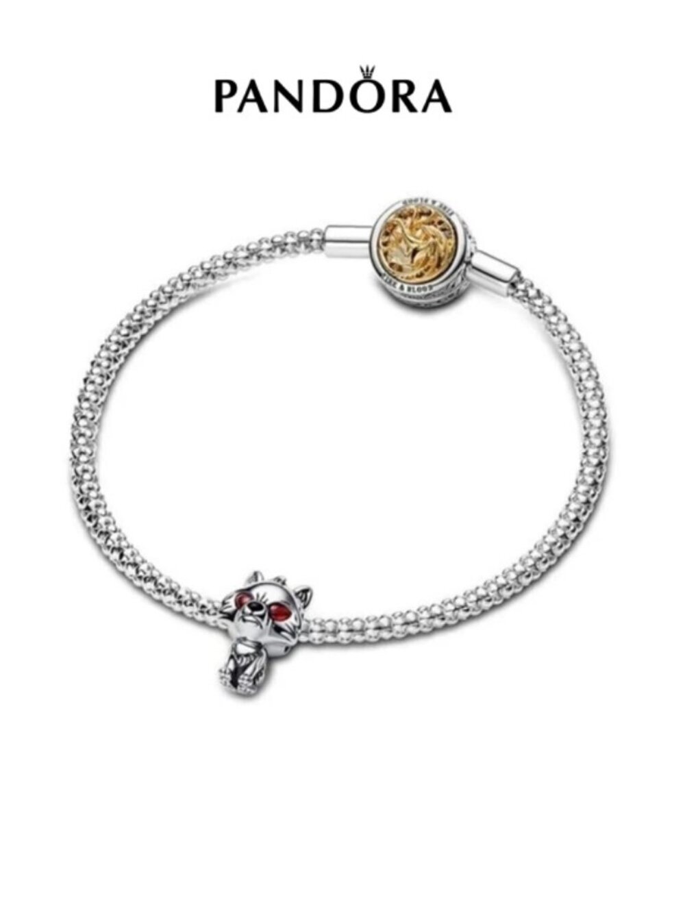 Pandora Silver Bracelet with Gold Accent and Red-Eyed Cat Charm